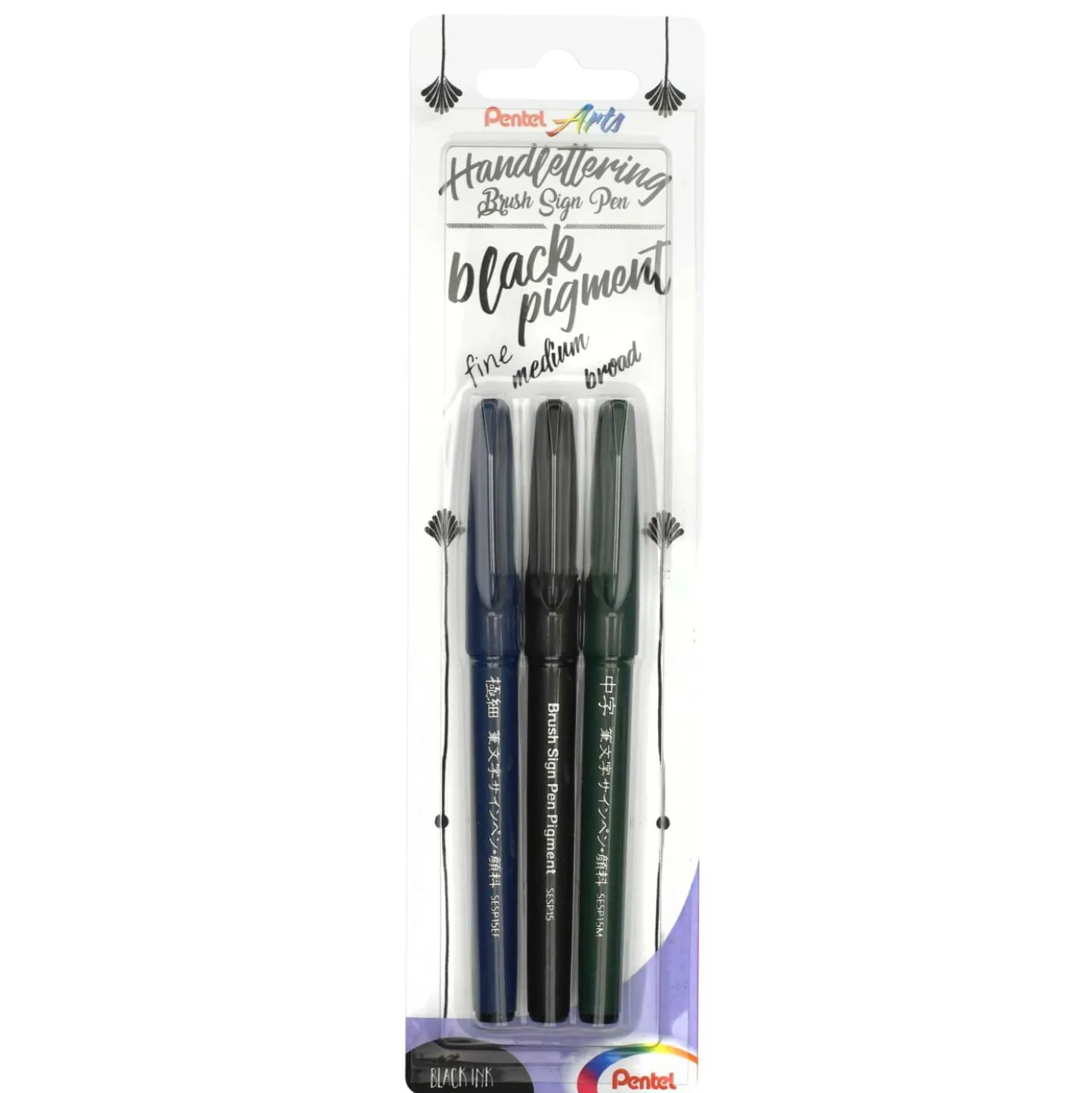 Pentel - Brush Sign Pen Black Pigment, Set da 3