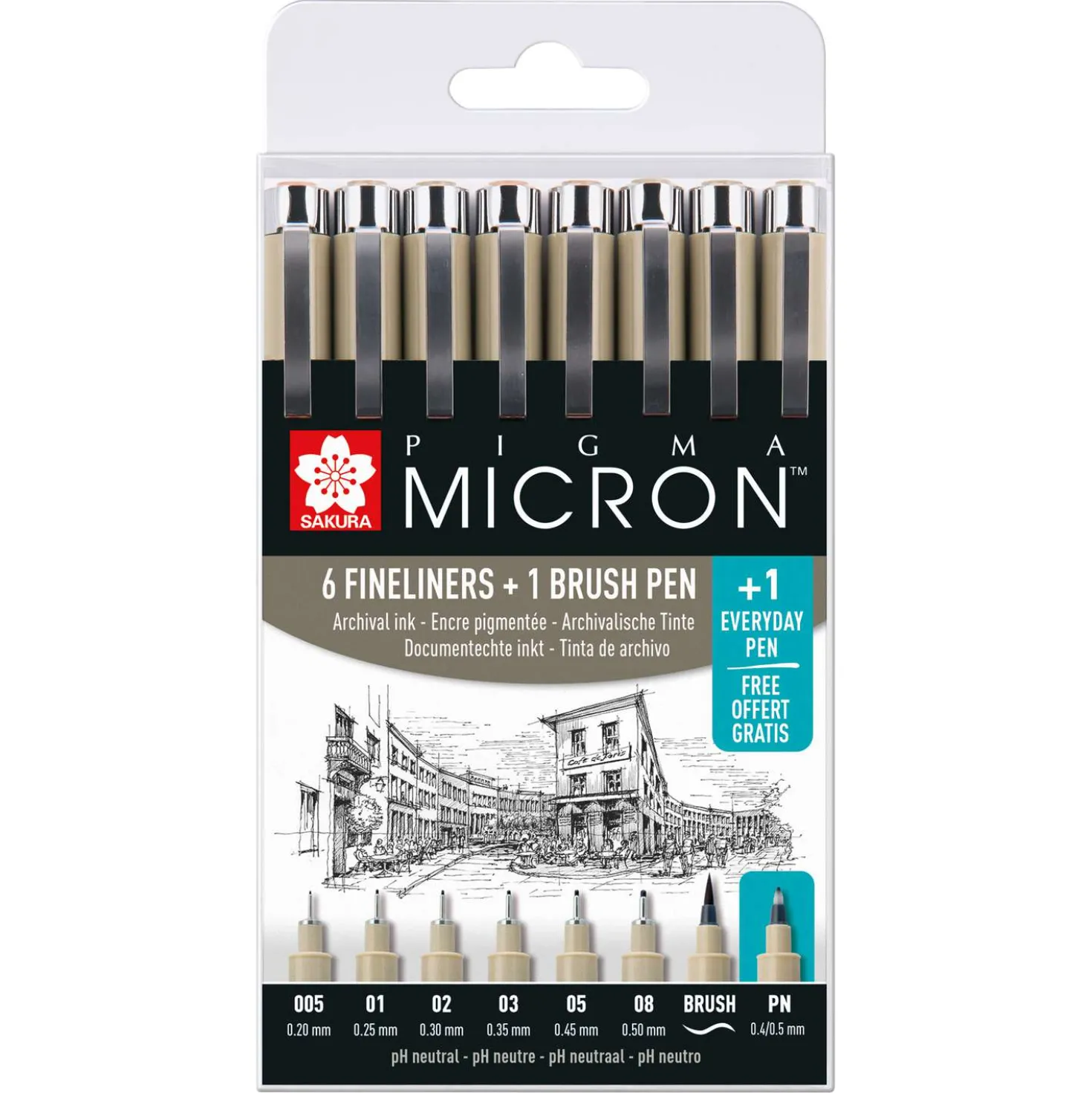 Sakura - Pigma Micron, Set da 6 fineliner + 1 Everyday Pen gratis